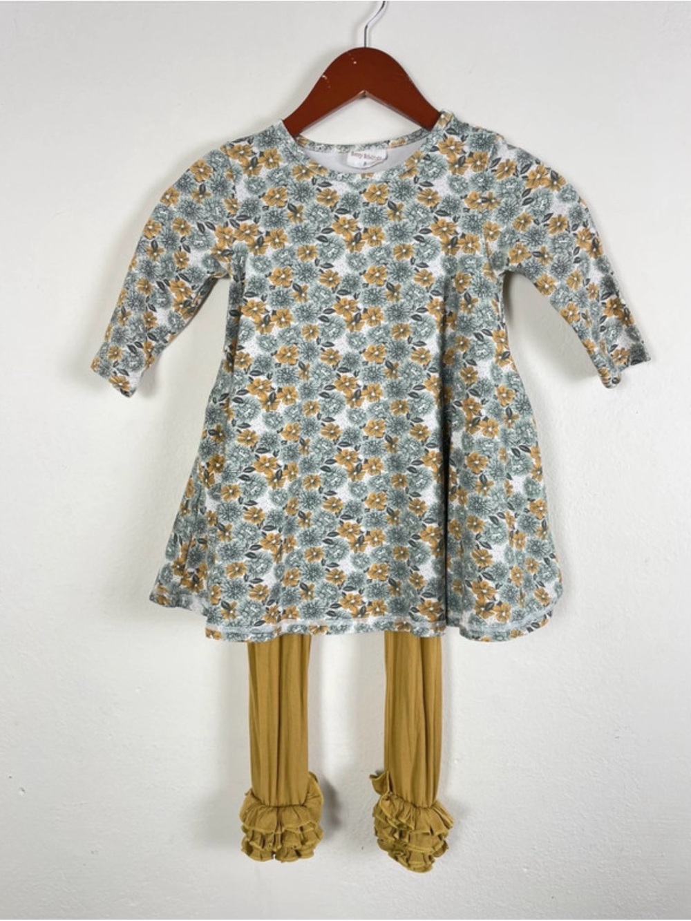 Sassy Siblings Girls Size 8 Floral Tunic Dress & Olive Gold Ruffle Leggings Set
